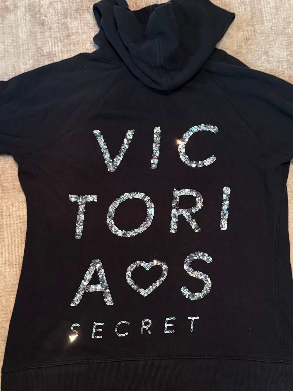 Victoria's Secret Black Hooded zip-up Sweatshirt with sequin logo Sz M